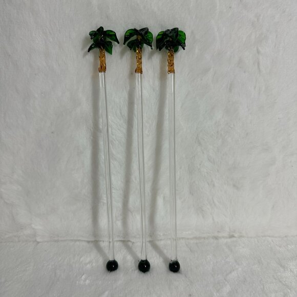 Set Of 3 Vintage Handcrafted Glass Palm Tree Drink Cocktail Stirrers tiki - Picture 1 of 8